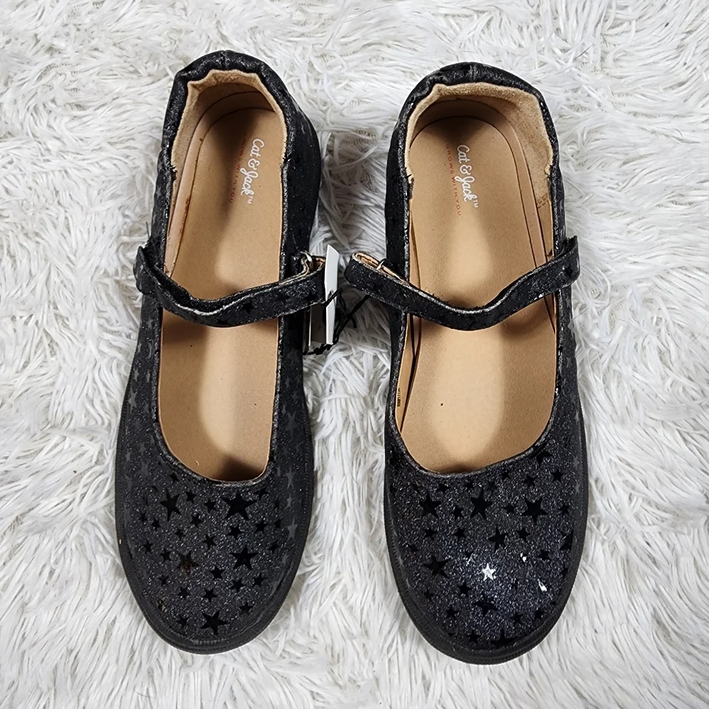 Cat & Jack Girls Black Shimmery Star Dress Shoes Size 5